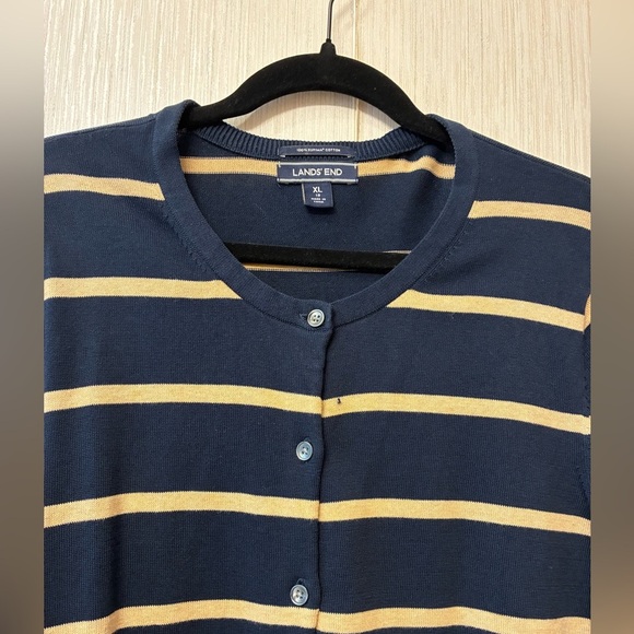 Lands' End Supima Cotton Striped Cardigan Navy Gold XL 18 Preppy Classic Knit - Picture 2 of 4